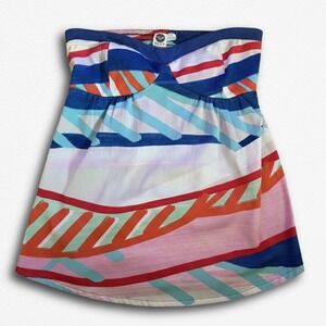 Roxy Womens Strapless Tube Top Abstract Geometric Print Blue Orange Smocked Back